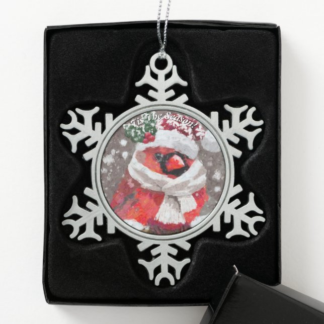 Kardinal Bird Scarhat Schnee Weihnachten Saison Schneeflocken Zinn-Ornament (Box)