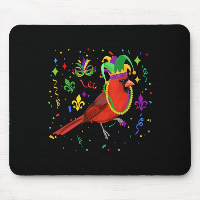 Kardinal Bird Wearing Mardi Gras Beads Jester Hat Mousepad (Vorne)
