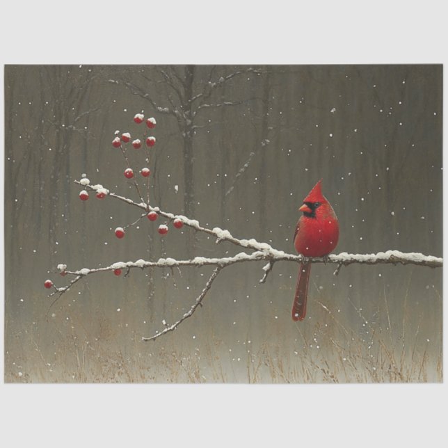 Kardinal Bird Winter Berry Tree Decoupage Seidenpapier (Vorderseite)