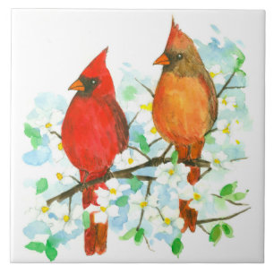 Kardinal Birds Dogwood Tree Wasserfarbe Fliese