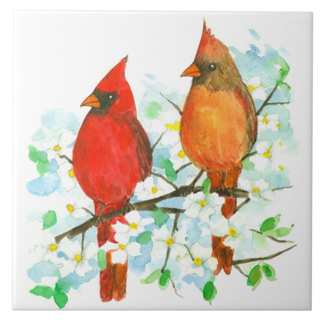 Kardinal Birds Dogwood Tree Wasserfarbe Fliese (Vorderseite)