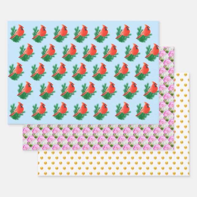 Kardinal Birds, Peony Blume & Golden Polka Dots Geschenkpapier Set (Set)