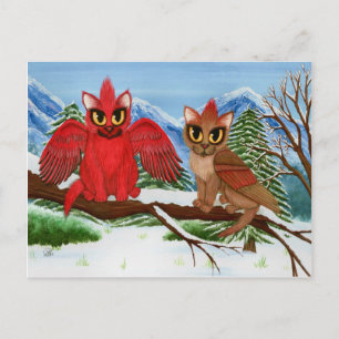 Kardinal Cats Winter Bird Fantasy Cat Art Postkart Postkarte