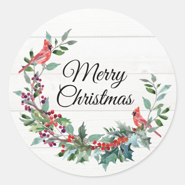 Kardinal Frohe Weihnachtswasserfarbe Wreath Runder Aufkleber (Vorderseite)
