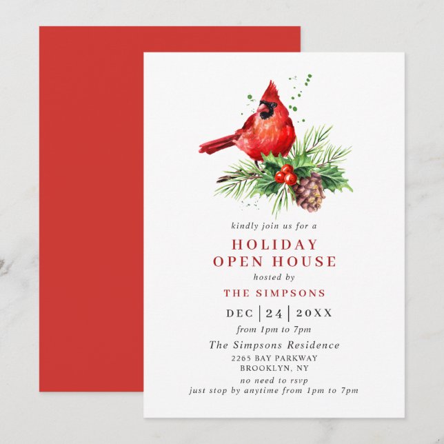 Kardinal Holly Berry Holiday Christmas Open House Einladung (Vorne/Hinten)