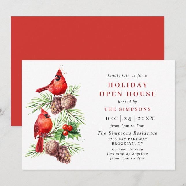 Kardinal Holly Berry Holiday Christmas Open House Einladung (Vorne/Hinten)