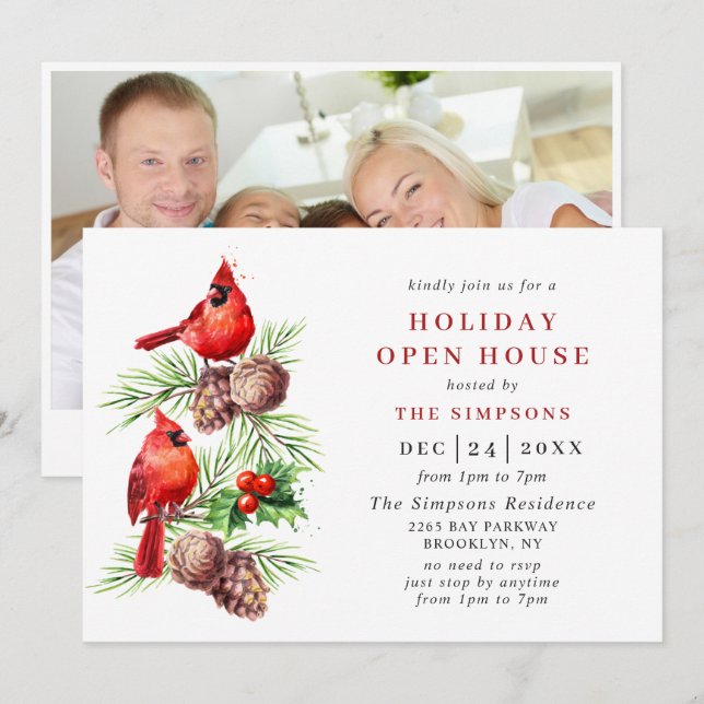 Kardinal Holly Berry Holiday Christmas Open House Einladung (Vorne/Hinten)