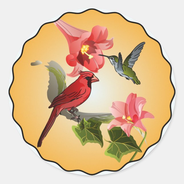 Kardinal & Hummingbird mit rosa Lilien Runder Aufkleber (Vorderseite)