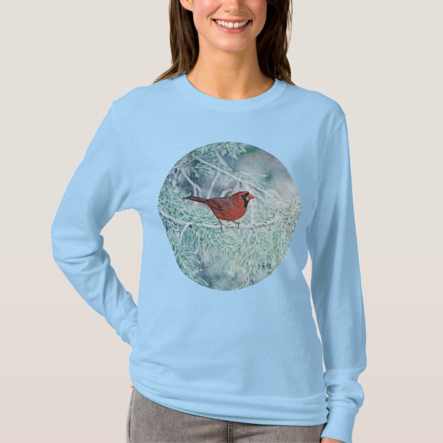 Kardinal im Schnee Winterurlaub Langschläfer Shirt (Vorderseite)