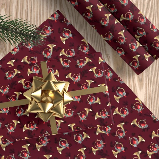 Kardinal in goldenen Weihnachtshörnern Burgund Geschenkpapier (Von Creator hochgeladen)