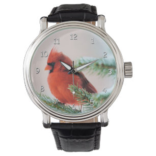 Kardinal in schneebedecktem Tannenbaum Armbanduhr