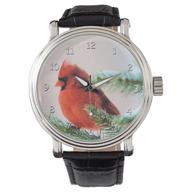 Kardinal in schneebedecktem Tannenbaum Armbanduhr (Vorderseite)