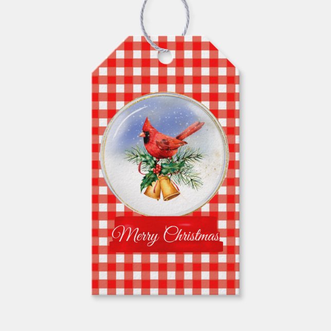 Kardinal mit Bells Snow Globe Weihnachtsgeschenk-T Geschenkanhänger (Vorderseite)