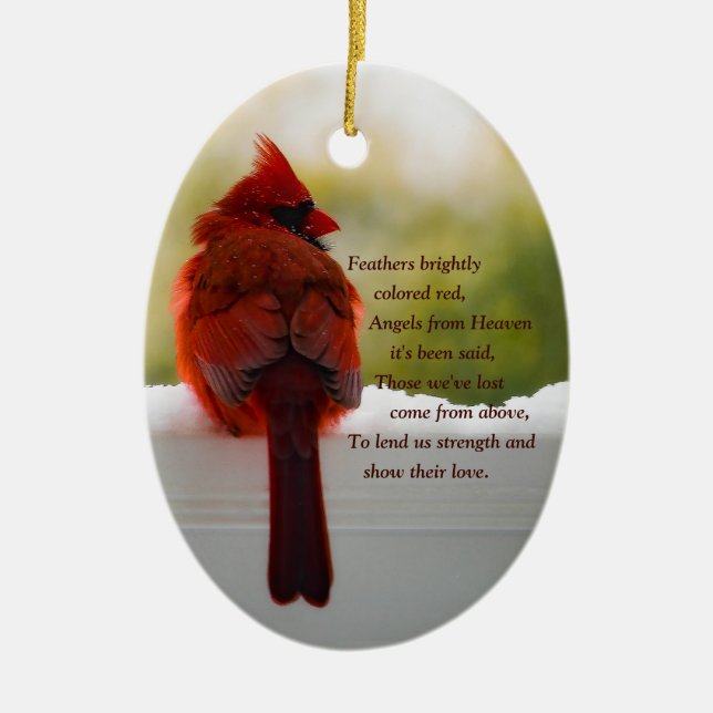 Kardinal mit dem Besucher aus dem Himmel Gedicht Keramik Ornament (Vorne)