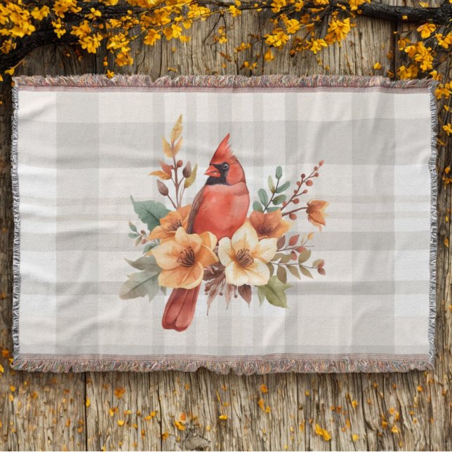 Kardinal mit Herbst-Blume und Kariert Decke (Cardinal floral plaid throw blanket)