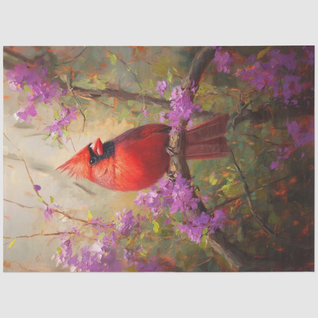 Kardinal mit violetten Blumen Decoupage Seidenpapier (Vorderseite)