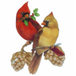 Kardinal Pair Freistehende Fotoskulptur<br><div class="desc">Richtig detaillierte Kardinal Vögel ruhen auf Kiefernarm mit Kegel und roten Kardinal hat heiligen Zweig.</div>