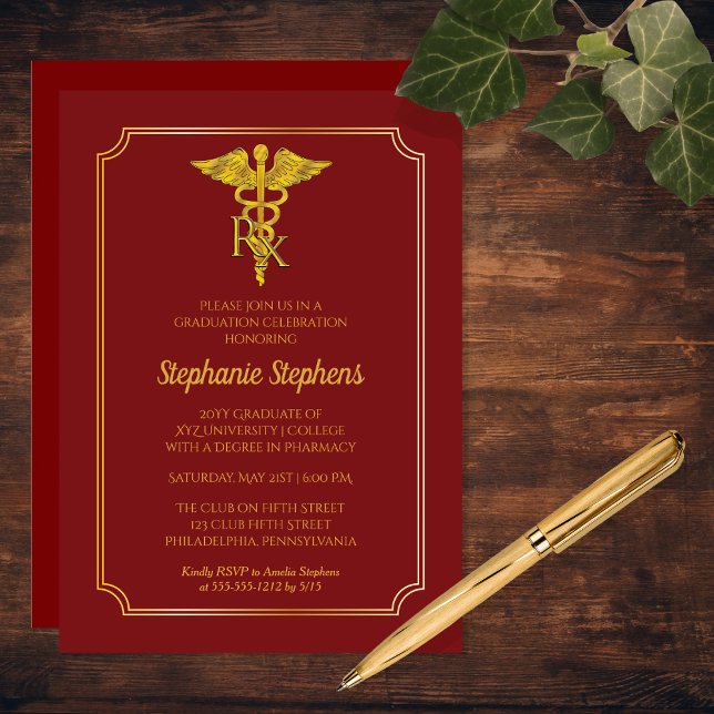 Kardinal Red | Gold Rx Pharmacy Graduation Party Einladung (Cardinal Red and Gold Tone Rx Pharmacy Graduation Party Invitation)