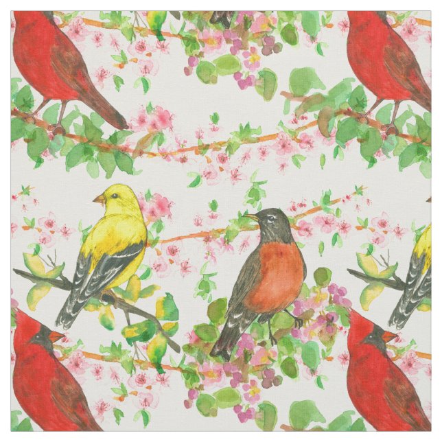 Kardinal Robins Goldfinch Spring Tree Botanisch Stoff (Muster)