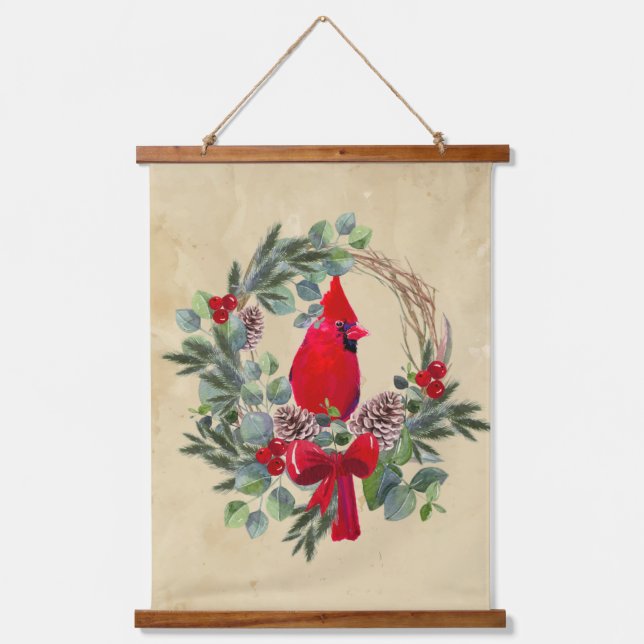 Kardinal Roter Bird Weihnachtsbrand Wandteppich Mit Holzrahmen (Vorderseite)
