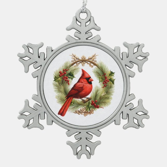 Kardinal Schneeflocken Zinn-Ornament (Vorderseite)