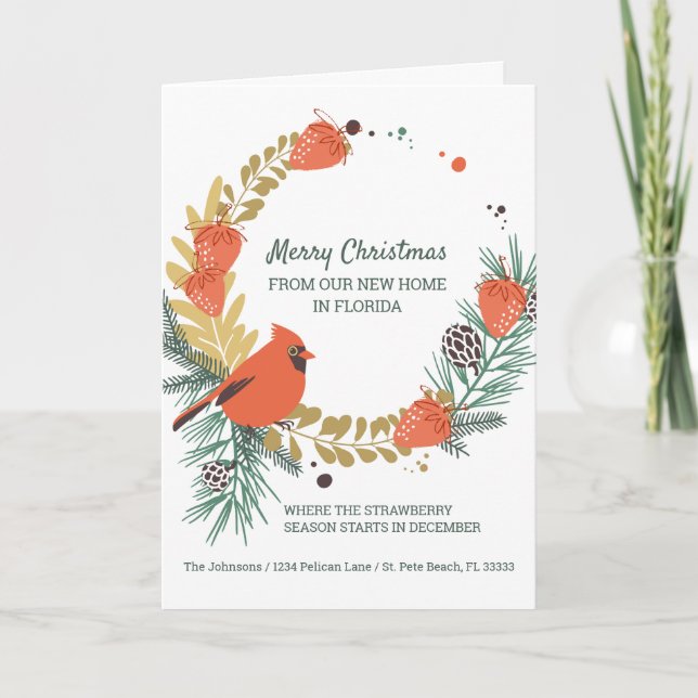 Kardinal Strawberry Weihnachtsfeier Neue Adresse Feiertagskarte (Vorderseite)