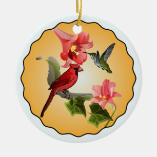 Kardinal u. Kolibri mit den rosa Lilien rund Keramikornament