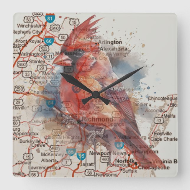 Kardinal über Virginia Road Map Quadratische Wanduhr (Vorderseite)