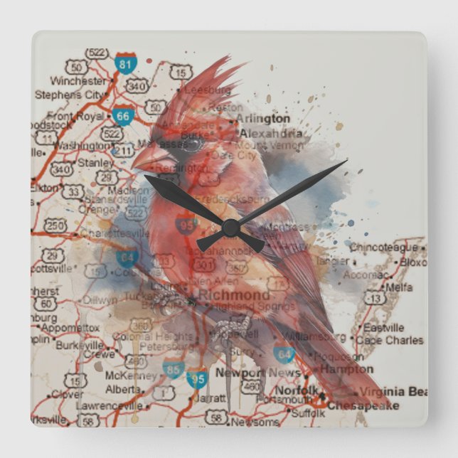 Kardinal über Virginia Road Map Quadratische Wanduhr (Vorderseite)