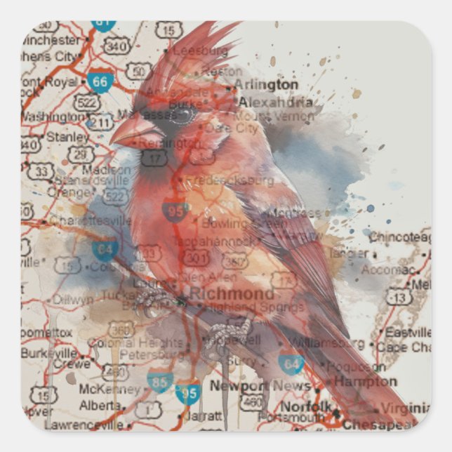 Kardinal über Virginia Road Map Quadratischer Aufkleber (Vorderseite)