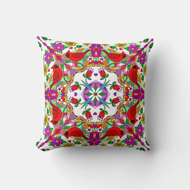 Kardinal und Blume Mandala Hübsch farbenfroh Kissen (Vorderseite)