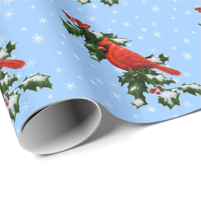 Kardinal und Holly-Schneeflocken Geschenkpapier (Rolleneckpunkt)