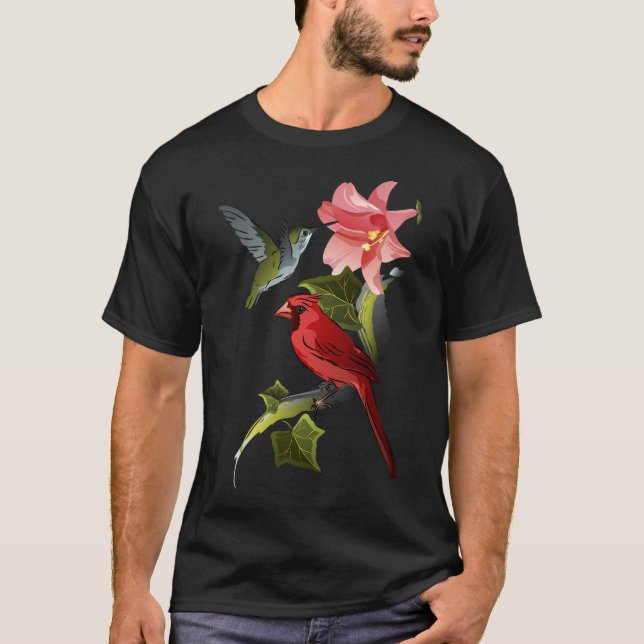 Kardinal und Hummingvogel mit rosafarbener Lilie u T-Shirt (Vorderseite)