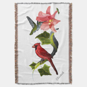 Kardinal und Kolibri mit rosa Lilie und Efeu Decke