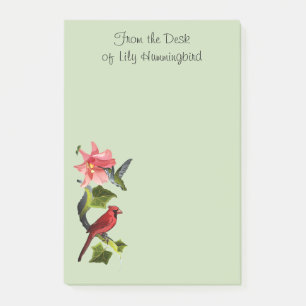 Kardinal und Kolibri mit rosa Lilie und Efeu Post-it Klebezettel