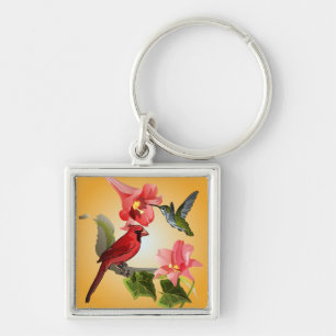Kardinal und Kolibri mit rosa Lilien und Efeu Schlüsselanhänger
