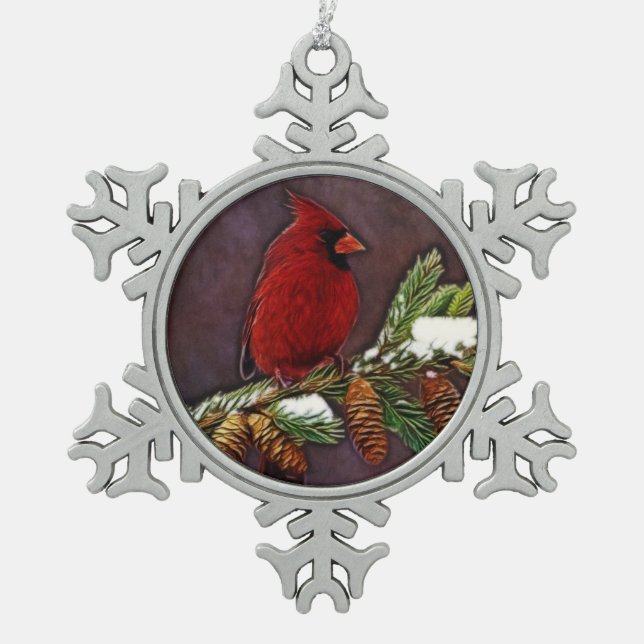 Kardinal und Pinecones Schneeflocken Zinn-Ornament (Vorderseite)