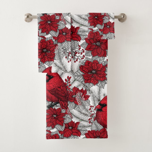 Kardinal und Poinsettia in Rot und Weiß Badhandtuch Set (Insitu)