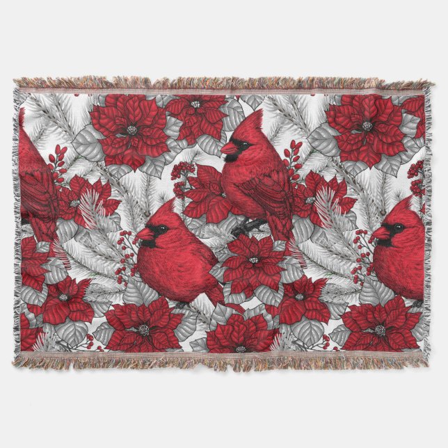 Kardinal und Poinsettia in Rot und Weiß Decke (Vorderseite)