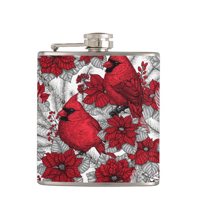 Kardinal und Poinsettia in Rot und Weiß Flachmann (Vorderseite)