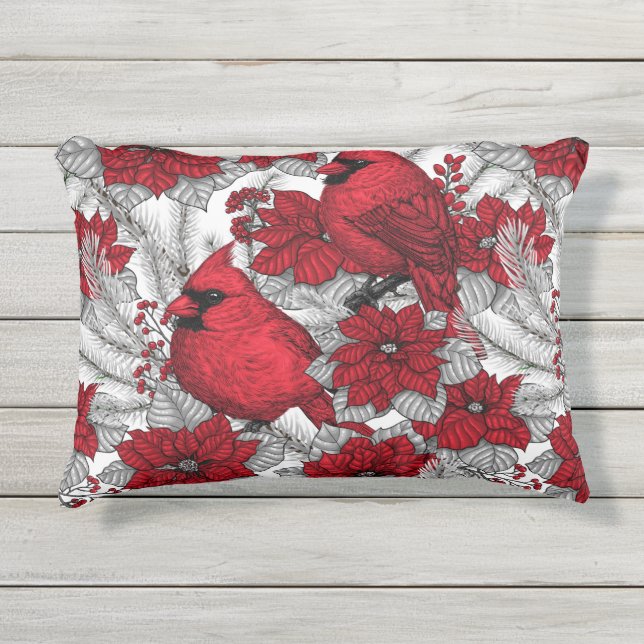 Kardinal und Poinsettia in Rot und Weiß Kissen Für Draußen (Vorderseite)