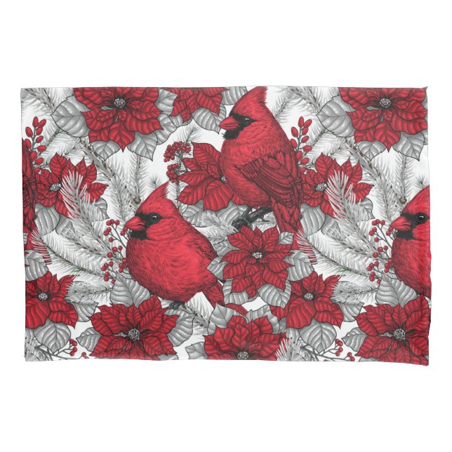 Kardinal und Poinsettia in Rot und Weiß Kissenbezug (Vorderseite-Links)
