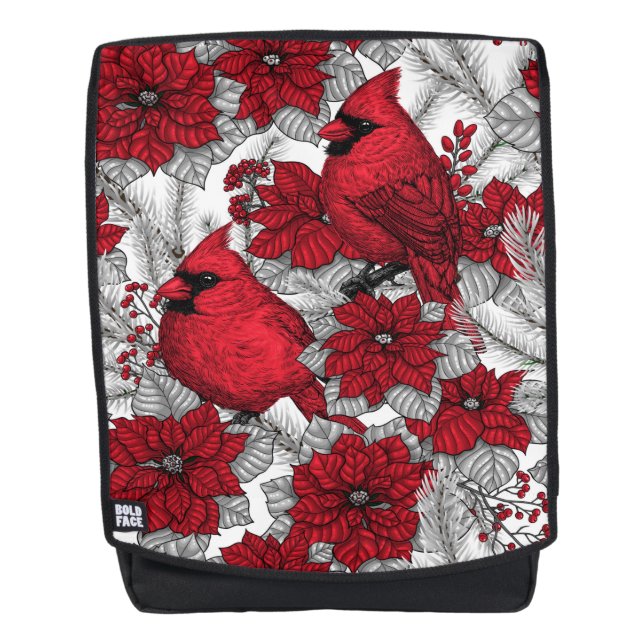 Kardinal und Poinsettia in Rot und Weiß Rucksack (Vorderseite)