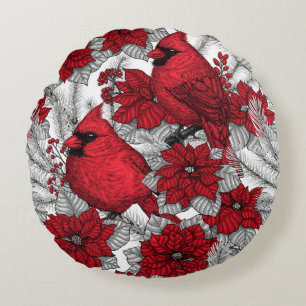 Kardinal und Poinsettia in Rot und Weiß Rundes Kissen