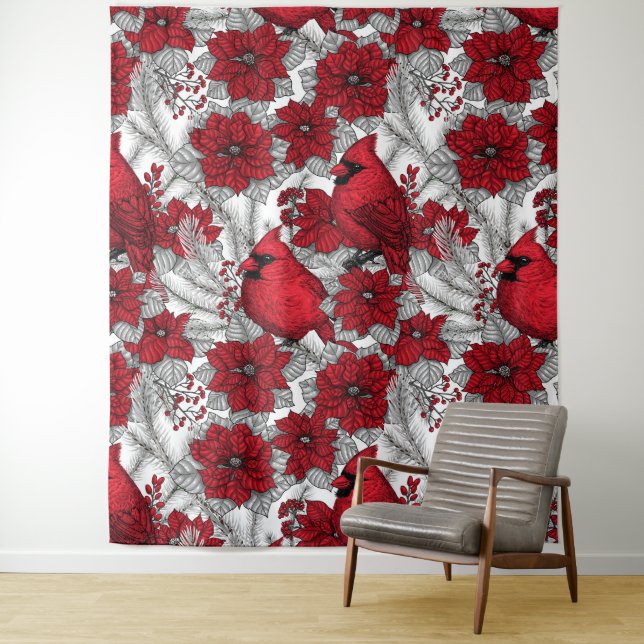 Kardinal und Poinsettia in Rot und Weiß Wandteppich (Beispiel)