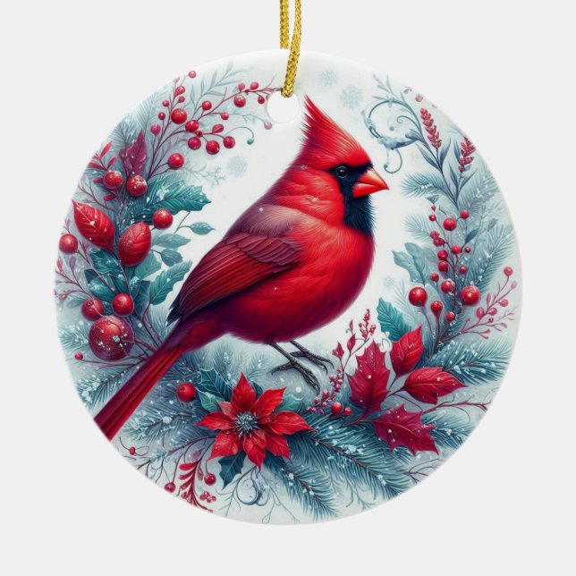Kardinal und Weihnachtsfeier Keramik Ornament (Vorne)