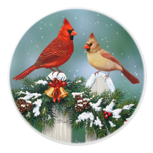 Kardinal und Weihnachtsgarten Keramikknauf (Vorderseite)
