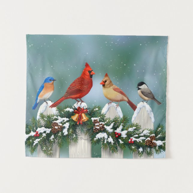 Kardinal und Weihnachtsgarten Wandteppich (Vorderseite (Horizontal))