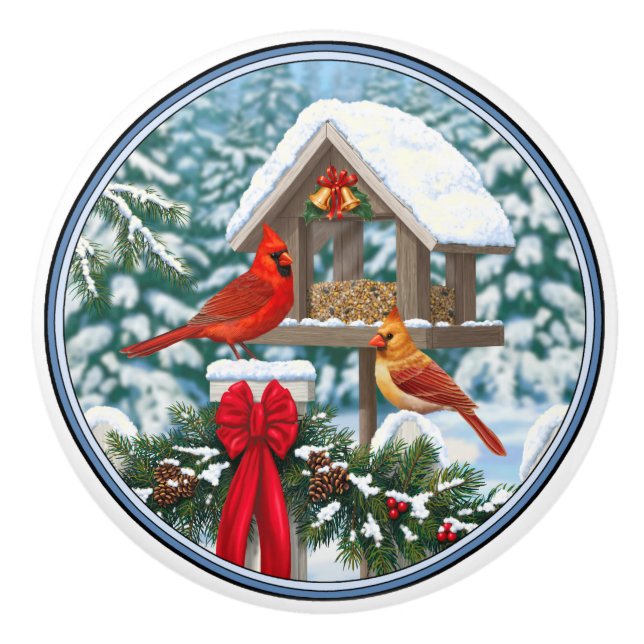 Kardinal und Weihnachtsvogelzuführung Keramikknauf (Vorderseite)