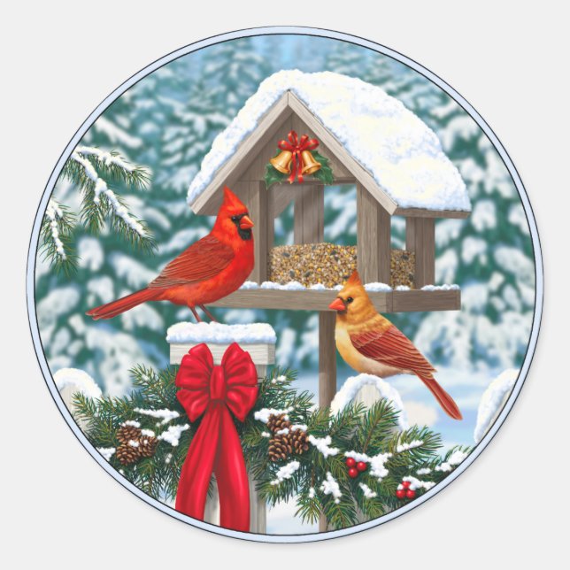 Kardinal und Weihnachtsvogelzuführung Runder Aufkleber (Vorderseite)
